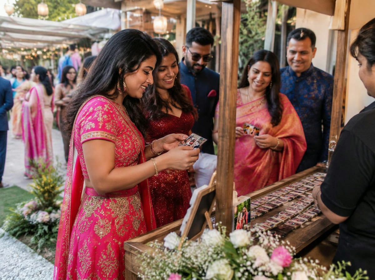 Indian wedding guests collecting full-photo magnets at the event counter