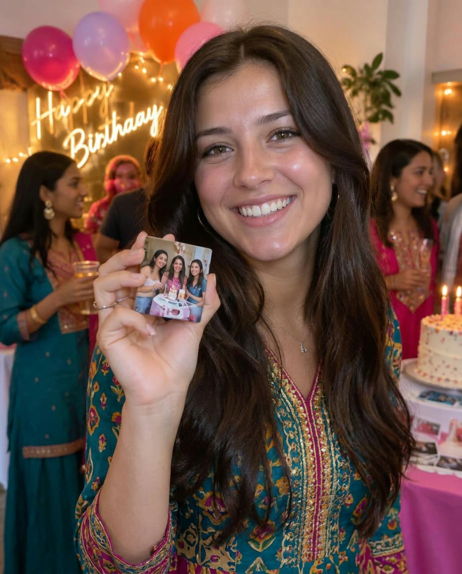 An Indian guest holding her full-photo personalised magnet at a birthday party