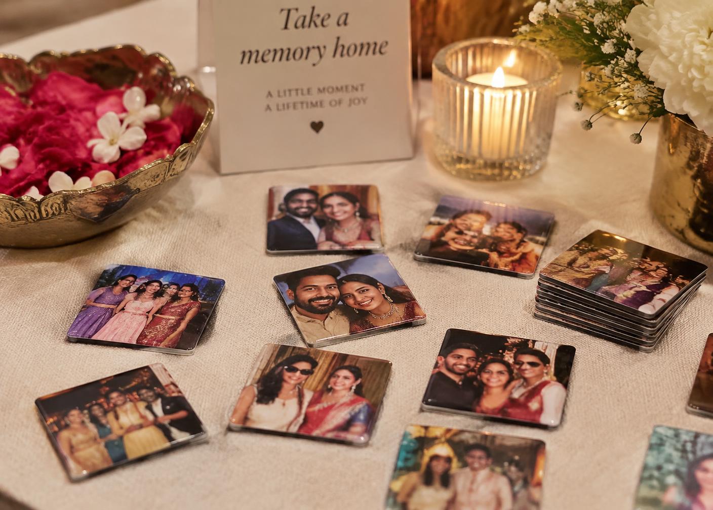 Personalised photo fridge magnets laid out on cream linen
